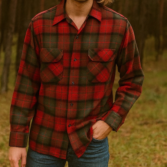 Pendleton Vintage 1960's Wool Plaid Shadow Board Shirt Red Green M - Picture 1 of 6